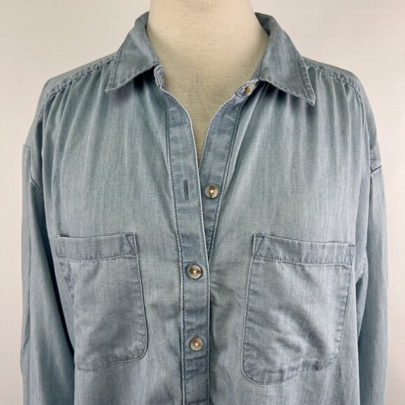 Wonderly L Blue Chambray Top Tunic Ruffle Hem Lyocell Button Front Long Sleeves - Picture 2 of 8
